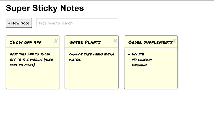 Sticky notes app example page